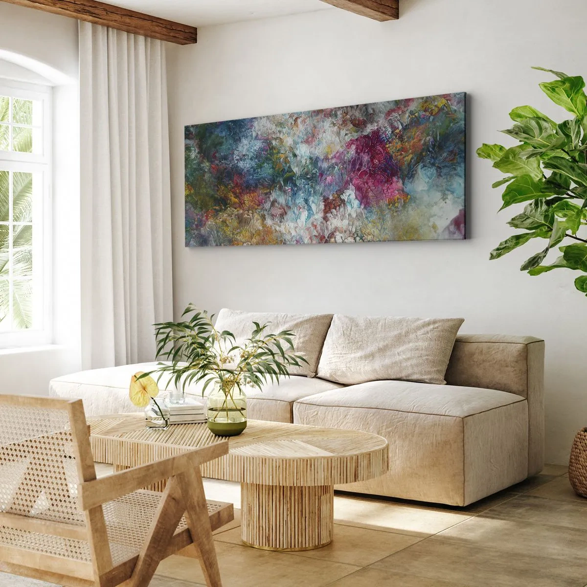 Cuadro sobre lienzo - Impresión de Imagen - Una abstracción colorida que se asemeja a flores en flor. - 120x50cm - En plena floración - Decoración de pared moderna para salón y dormitorio ARTTOR