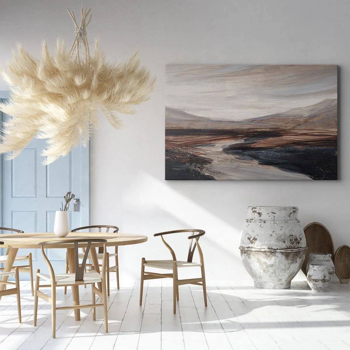 Cuadro sobre lienzo - Impresión de Imagen - Un paisaje pintoresco con un río y montañas. - 70x50cm - Valle apacible - Decoración de pared moderna para salón y dormitorio ARTTOR