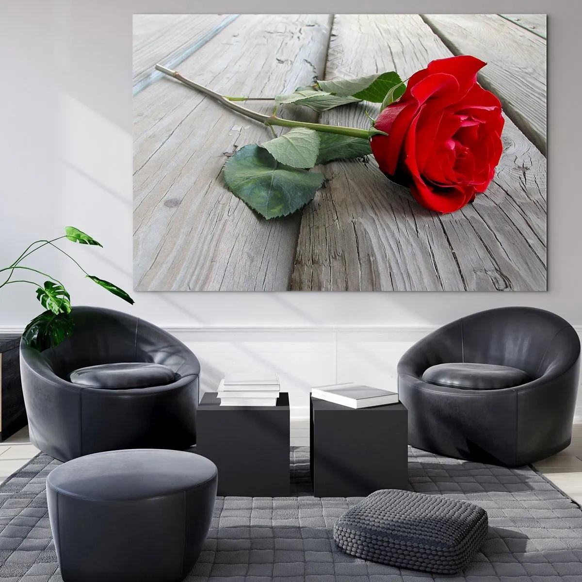 Cuadro sobre vidrio - Impresiones sobre Vidrio - Rosa roja sobre una tabla de madera - 120x80cm - Estudio en escarlata - Decoración de pared moderna para salón y dormitorio ARTTOR