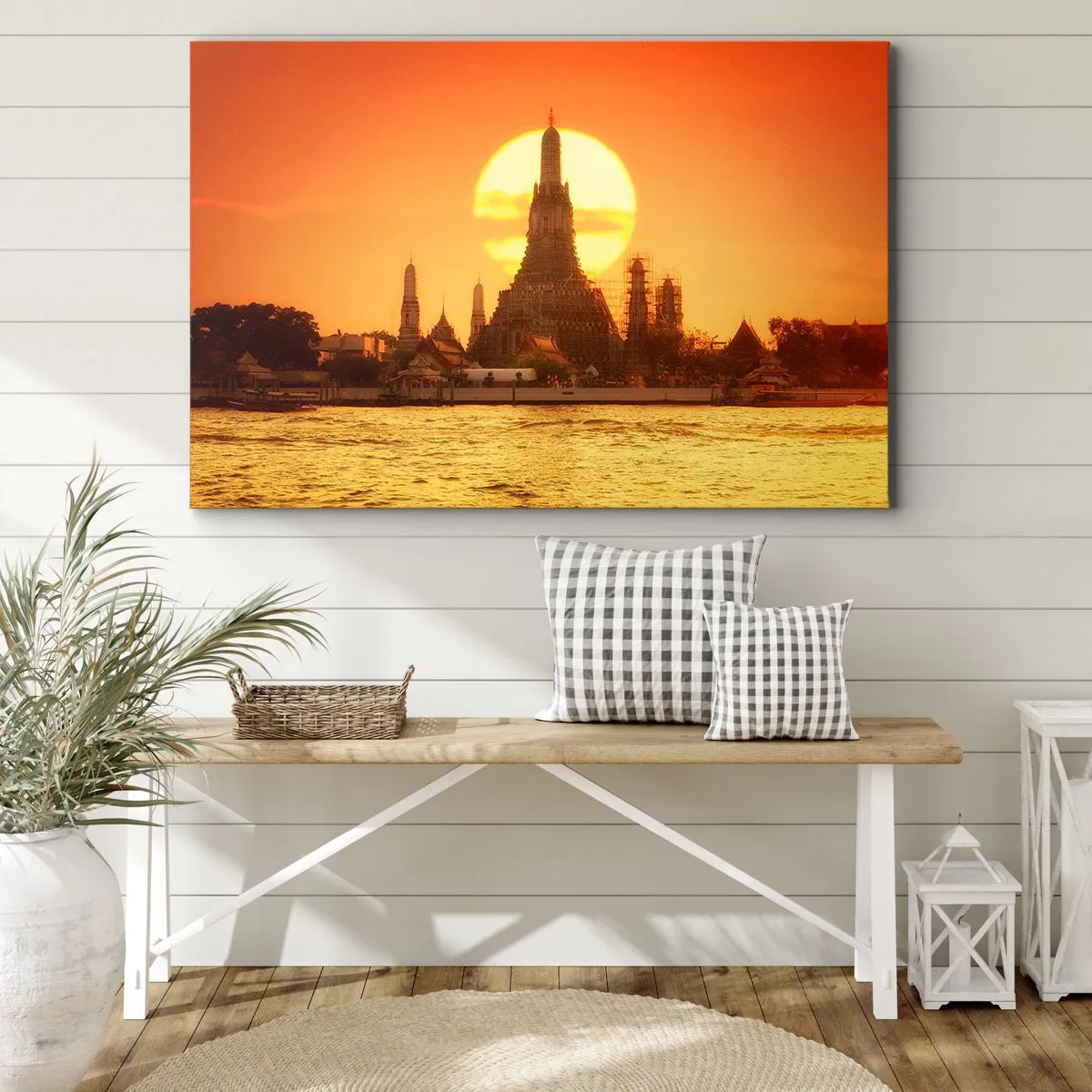 Cuadro sobre lienzo - Impresión de Imagen - Puesta de sol sobre el templo con reflejo en el agua. - 70x50cm - Hacia el sol, siempre hacia el sol - Decoración de pared moderna para salón y dormitorio ARTTOR