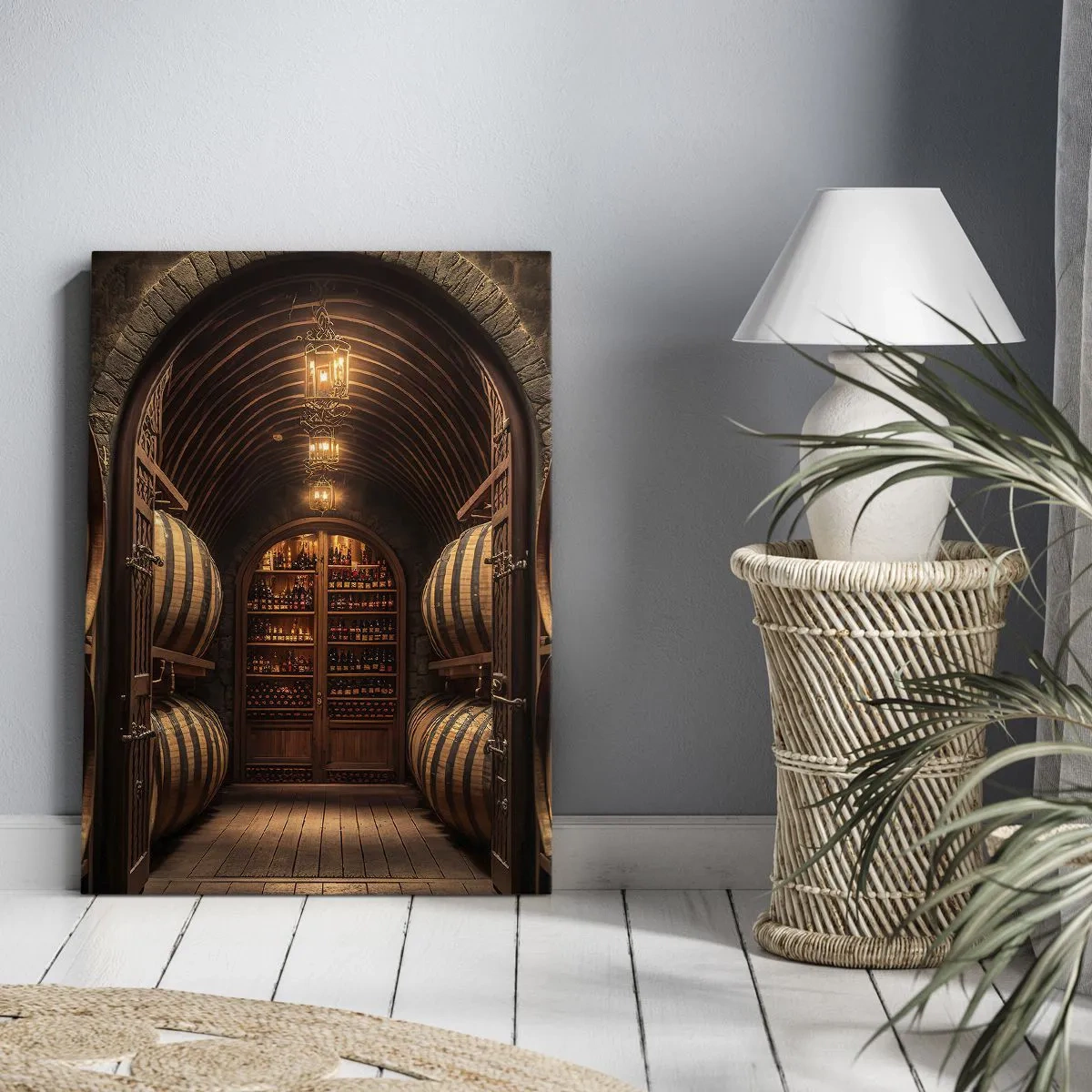 Cuadro sobre lienzo - Impresión de Imagen - Bodega con barriles de madera y estantes para vinos. - 80x120cm - Sótano atmosférico - Decoración de pared moderna para salón y dormitorio ARTTOR