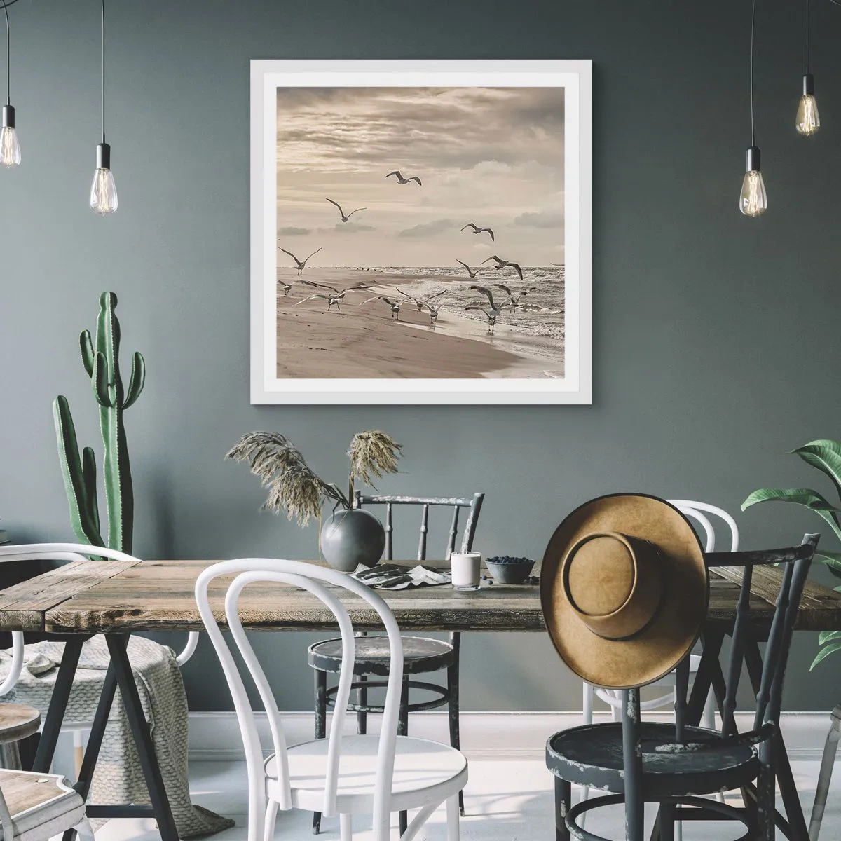 Póster en marco blanco - El sonido del mar, el canto de los pájaros - 30x30 cm