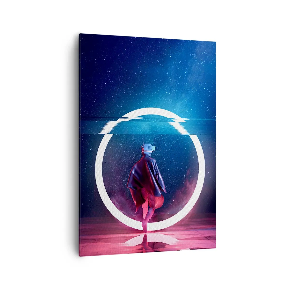Cuadro sobre lienzo - Impresión de Imagen - Un personaje en un entorno futurista con un círculo de neón. - 70x100cm - Entre mundos - Decoración de pared moderna para salón y dormitorio ARTTOR