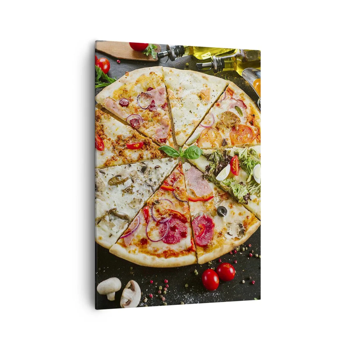 Cuadro sobre lienzo - Impresión de Imagen - Pizza en varios sabores con fondo de ingredientes. - 70x100cm - Una gama de gustos - Decoración de pared moderna para salón y dormitorio ARTTOR