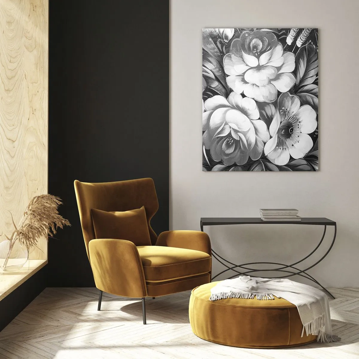 Cuadro sobre vidrio - Impresiones sobre Vidrio - Flores en blanco y negro en una composición clásica y elegante. - 80x120cm - Hermoso incluso en el gris - Decoración de pared moderna para salón y dormitorio ARTTOR