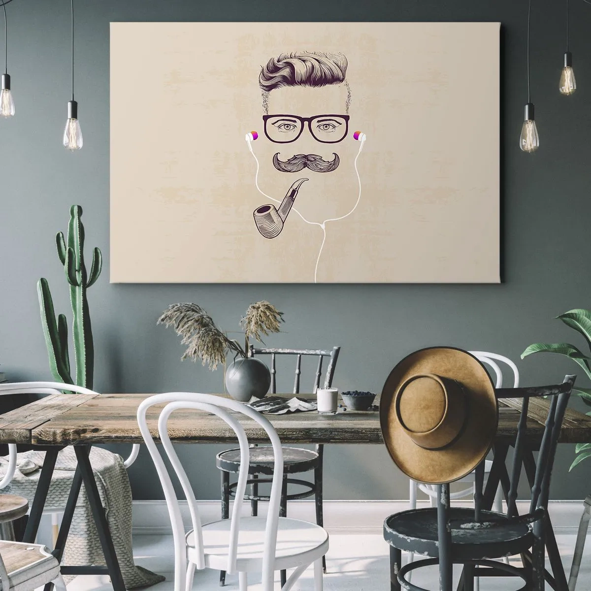 Cuadro sobre lienzo - Impresión de Imagen - Retrato retro de un hombre con pipa, auriculares y gafas. - 100x70cm - Moda masculina - Decoración de pared moderna para salón y dormitorio ARTTOR