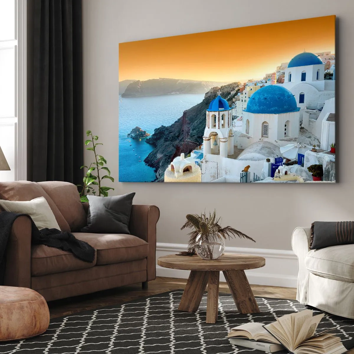 Cuadro sobre lienzo - Impresión de Imagen - Vista de Santorini con edificios blancos y mar azul. - 100x70cm - Santorini - el abrazo a las rocas - Decoración de pared moderna para salón y dormitorio ARTTOR