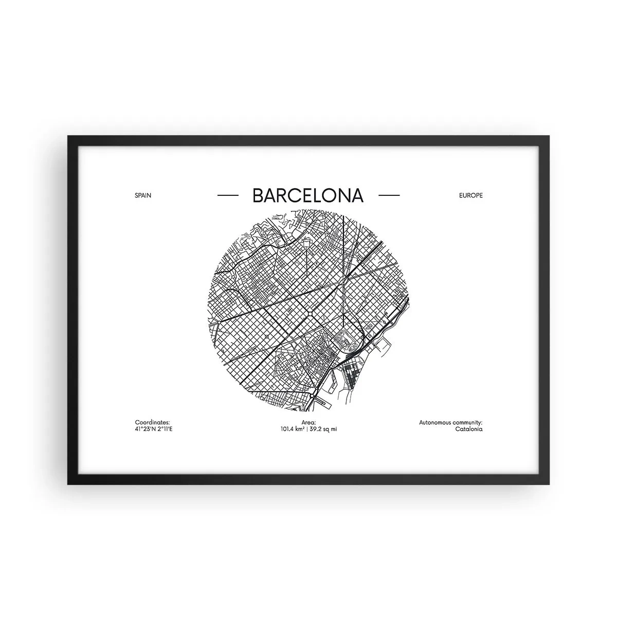 Póster en marco negro - Un mapa de Barcelona en estilo minimalista en blanco y negro - 70x50cm - Anatomía de Barcelona - Decoración de pared moderna para salón y dormitorio ARTTOR
