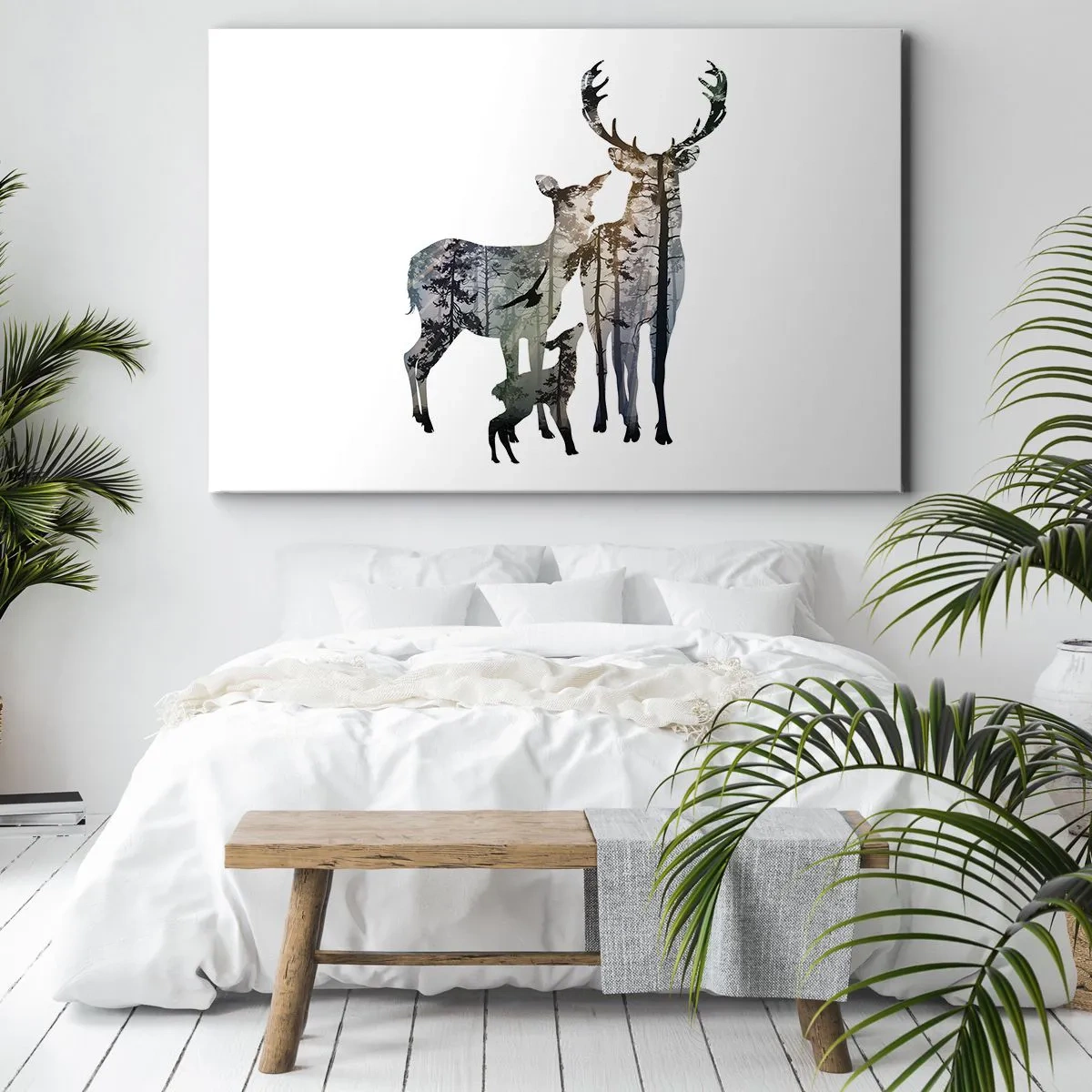 Cuadro sobre lienzo - Impresión de Imagen - Paisaje forestal con siluetas de ciervos - 70x50cm - Fotografía familiar - Decoración de pared moderna para salón y dormitorio ARTTOR