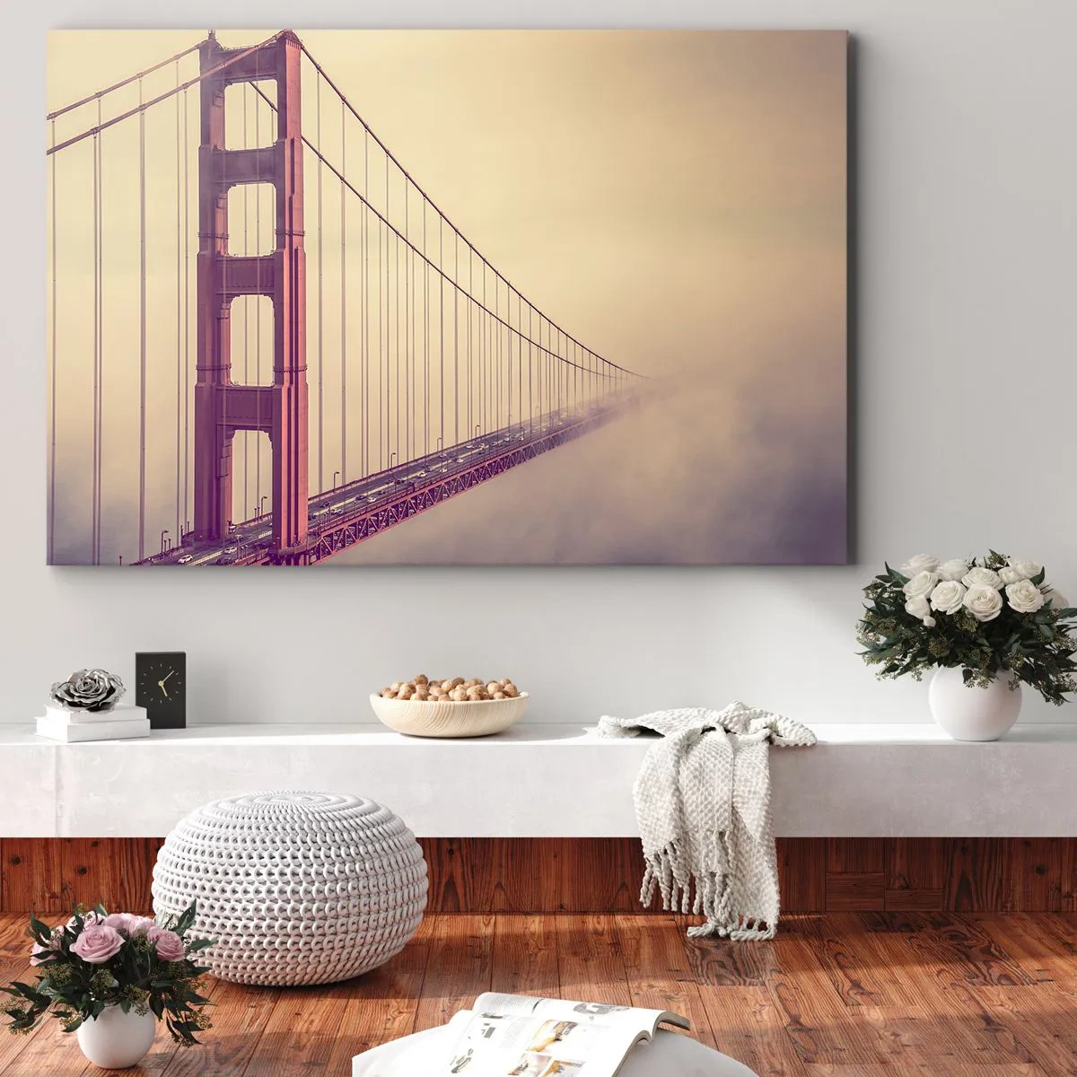 Cuadro sobre lienzo - Impresión de Imagen - Un puente en la niebla en tonos pastel, símbolo de elegancia y paz. - 70x50cm - Entre el cielo y la tierra - Decoración de pared moderna para salón y dormitorio ARTTOR