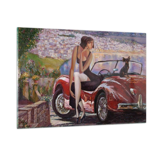 Cuadro sobre vidrio - Impresiones sobre Vidrio - Una mujer y un perro junto a un coche rojo con un paisaje al fondo. - 120x80cm - Paseo veraniego - Decoración de pared moderna para salón y dormitorio ARTTOR