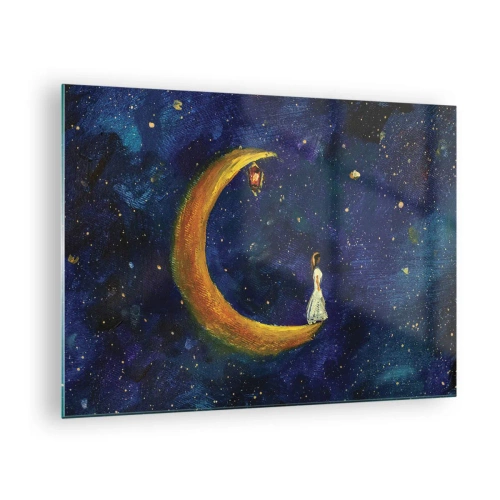 Cuadro sobre vidrio - Impresiones sobre Vidrio - Una figura en la luna en el cielo nocturno. - 70x50cm - La llamada de la Luna - Decoración de pared moderna para salón y dormitorio ARTTOR