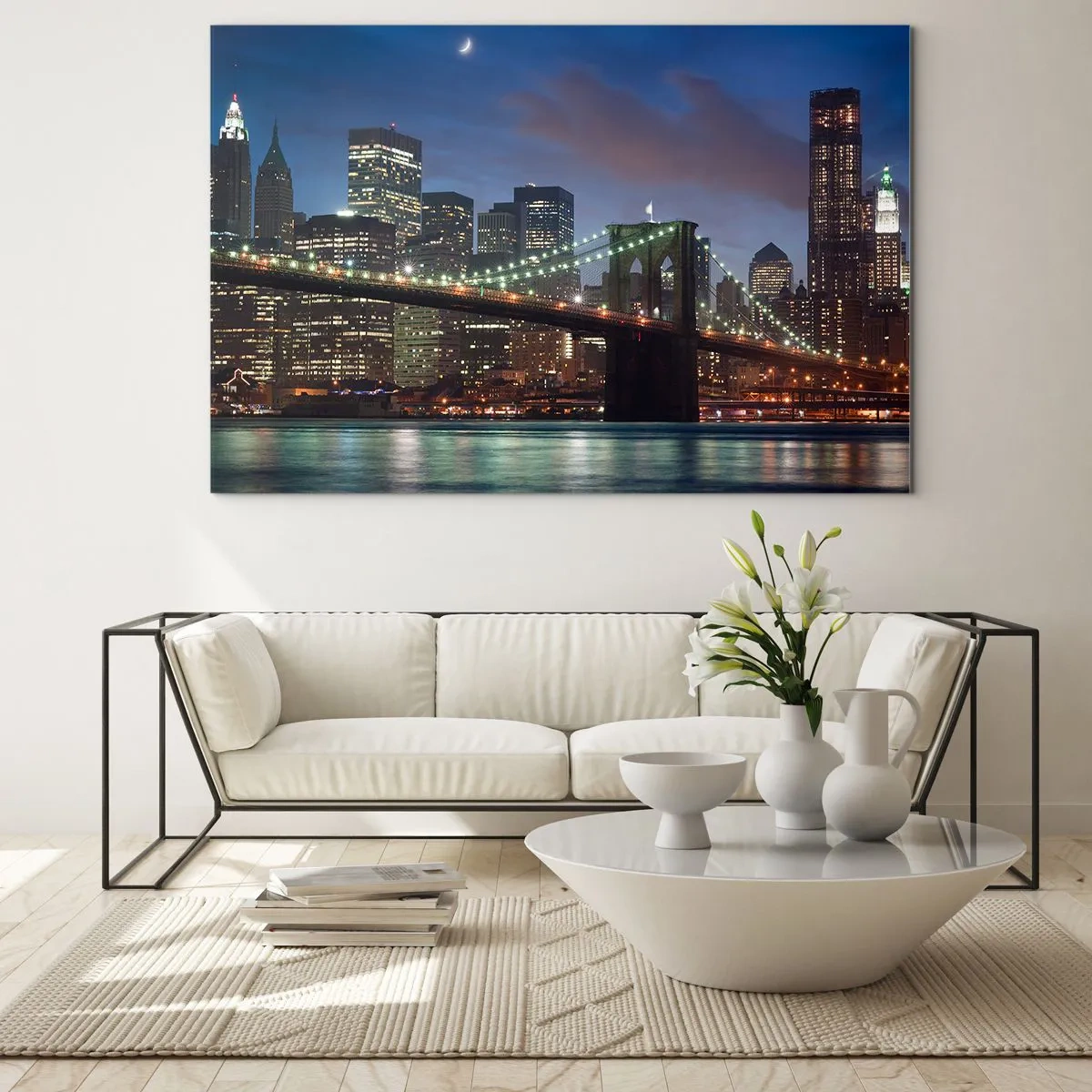 Cuadro sobre vidrio - Impresiones sobre Vidrio - Panorama de la ciudad con el puente iluminado por luces nocturnas. - 120x80cm - Una noche iluminada - Decoración de pared moderna para salón y dormitorio ARTTOR