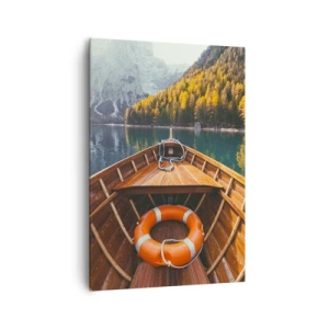 Cuadro sobre lienzo - Impresión de Imagen - Un barco de madera en un lago de montaña rodeado de bosque. - 70x100cm - Viaje a la montaña - Decoración de pared moderna para salón y dormitorio ARTTOR