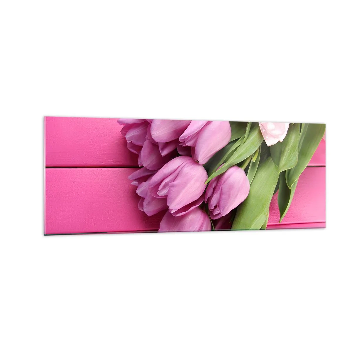 Cuadro sobre vidrio - Impresiones sobre Vidrio - Un ramo de tulipanes rosas con un lazo sobre un fondo rosa. - 140x50cm - Solo para ti - Decoración de pared moderna para salón y dormitorio ARTTOR