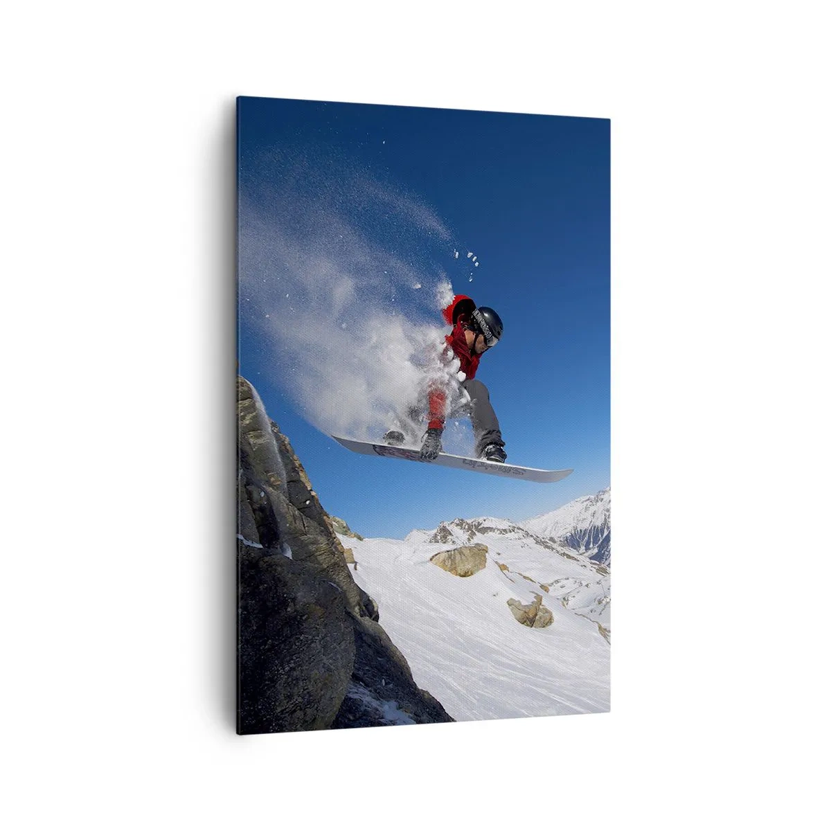 Cuadro sobre lienzo - Impresión de Imagen - Un snowboarder salta desde una roca frente a un paisaje montañoso. - 80x120cm - Y te convertiste en parte del lugar - Decoración de pared moderna para salón y dormitorio ARTTOR