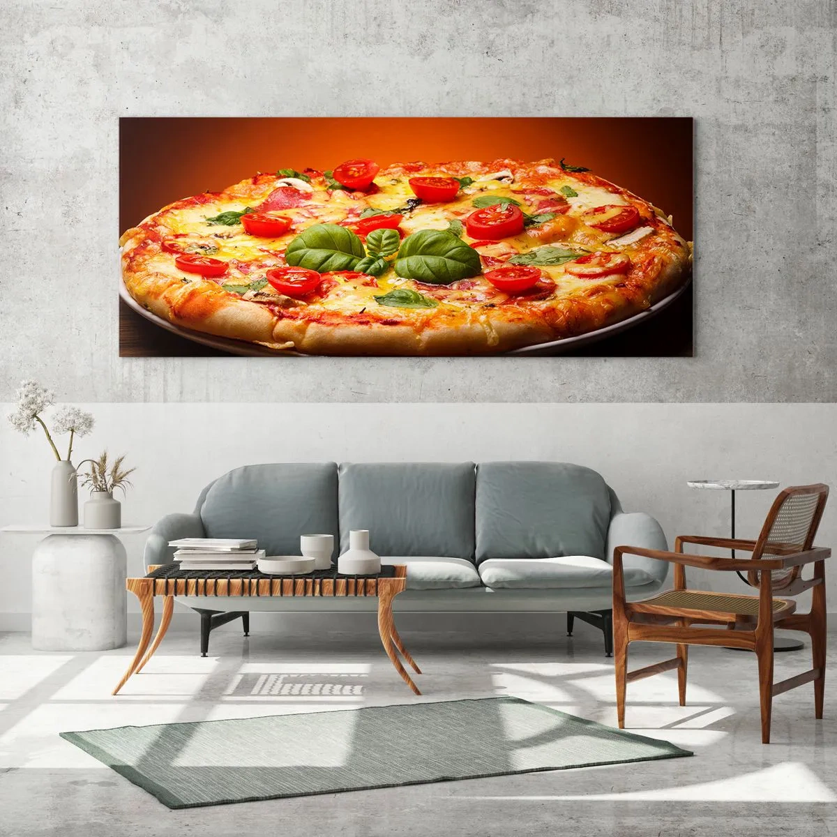 Cuadro sobre vidrio - Impresiones sobre Vidrio - Pizza con tomates y albahaca sobre una mesa de madera. - 140x50cm - ¡Mamma mia! - Decoración de pared moderna para salón y dormitorio ARTTOR