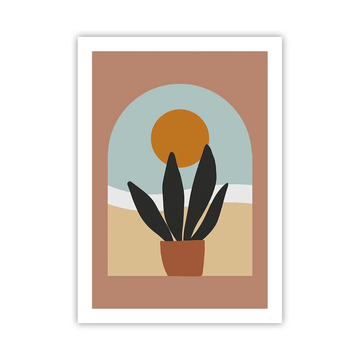 Póster - Una planta en maceta delante de un arco con una puesta de sol de fondo. - 50x70cm - Pequeñas alegrías - Decoración de pared moderna para salón y dormitorio ARTTOR