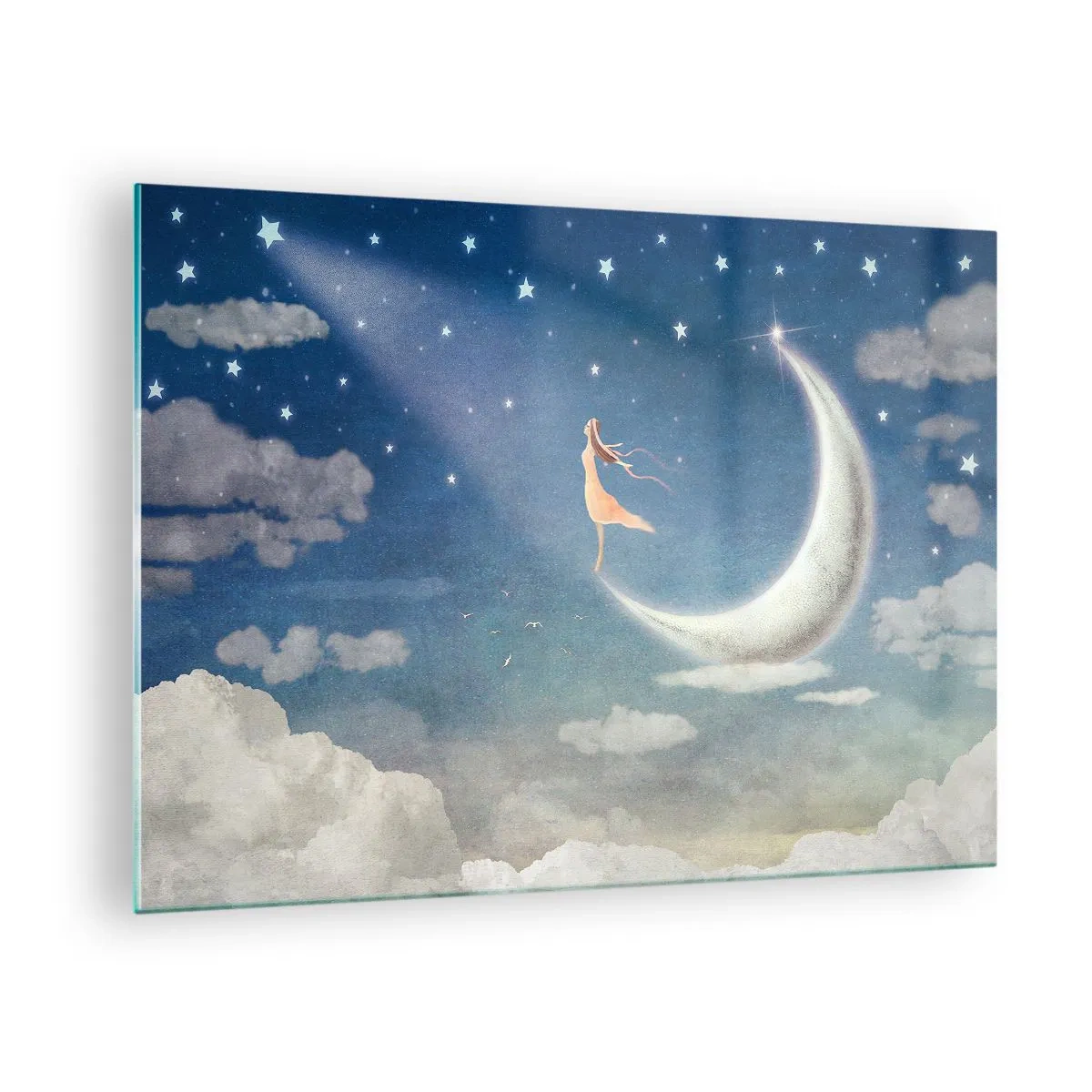 Cuadro sobre vidrio - Impresiones sobre Vidrio - Una mujer con un vestido suelto parada sobre la luna en un cielo estrellado. - 70x50cm - Pretendiente sobre azul - Decoración de pared moderna para salón y dormitorio ARTTOR