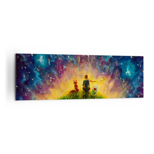 Cuadro sobre lienzo - Impresión de Imagen - Figuras en una colina verde rodeada de un cielo estrellado. - 160x50cm - Amor y amistad - lo único entero - Decoración de pared moderna para salón y dormitorio ARTTOR