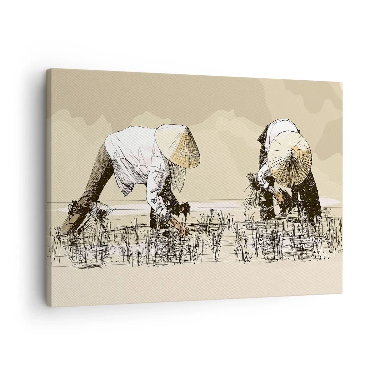 Cuadro sobre lienzo - Impresión de Imagen - Agricultores trabajando en un campo de arroz con sombreros tradicionales - 70x50cm - De una cosecha exitosa - Decoración de pared moderna para salón y dormitorio ARTTOR