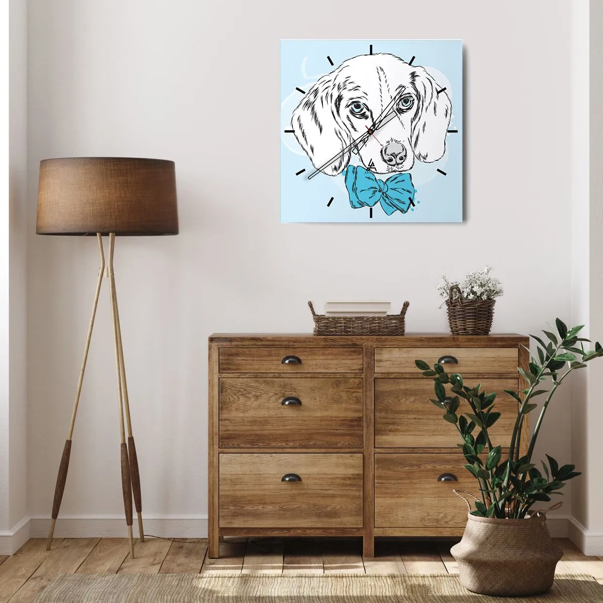 Reloj de pared - Reloj de vidrio - Adorable gráfico de un perro con una pajarita sobre un fondo pastel. - 30x30cm - Elegancia canina - Decoración de pared moderna para salón y dormitorio ARTTOR