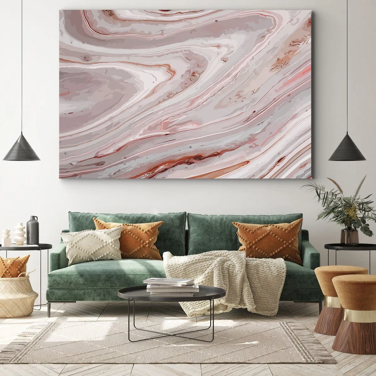 Cuadro sobre lienzo - Impresión de Imagen - Ondas abstractas en delicados tonos rosa y beige. - 70x50cm - Rosa líquido - Decoración de pared moderna para salón y dormitorio ARTTOR