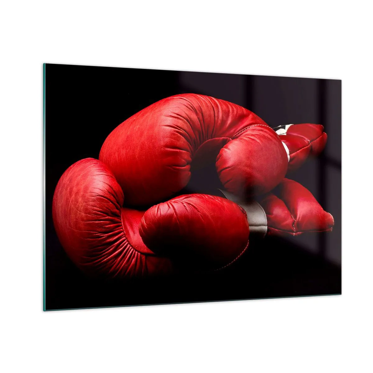 Cuadro sobre vidrio - Impresiones sobre Vidrio - Guantes de boxeo rojos sobre fondo negro - 100x70cm - La emoción del combate quedó atrás - Decoración de pared moderna para salón y dormitorio ARTTOR