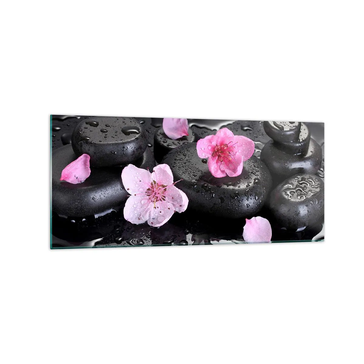 Cuadro sobre vidrio - Impresiones sobre Vidrio - Piedras negras y flores rosas estilo spa - 120x50cm - Y una piedra cae del corazón - Decoración de pared moderna para salón y dormitorio ARTTOR