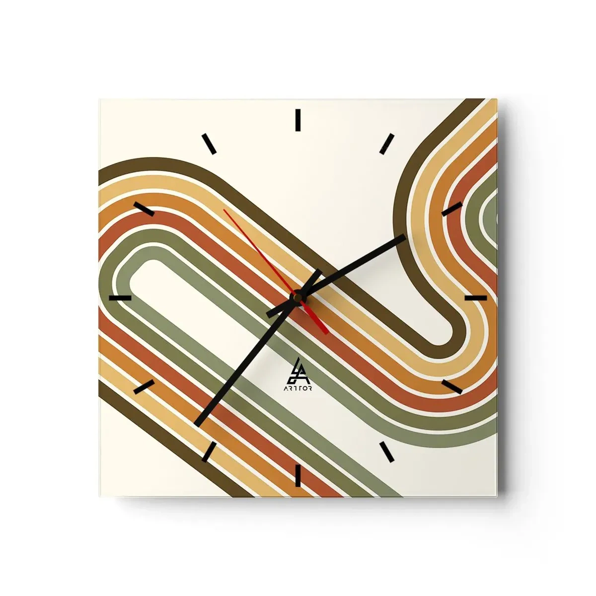 Reloj de pared - Reloj de vidrio - Patrón geométrico en tonos verde, naranja y beige sobre un fondo claro. - 30x30cm - Zigzagueando hasta su destino - Decoración de pared moderna para salón y dormitorio ARTTOR