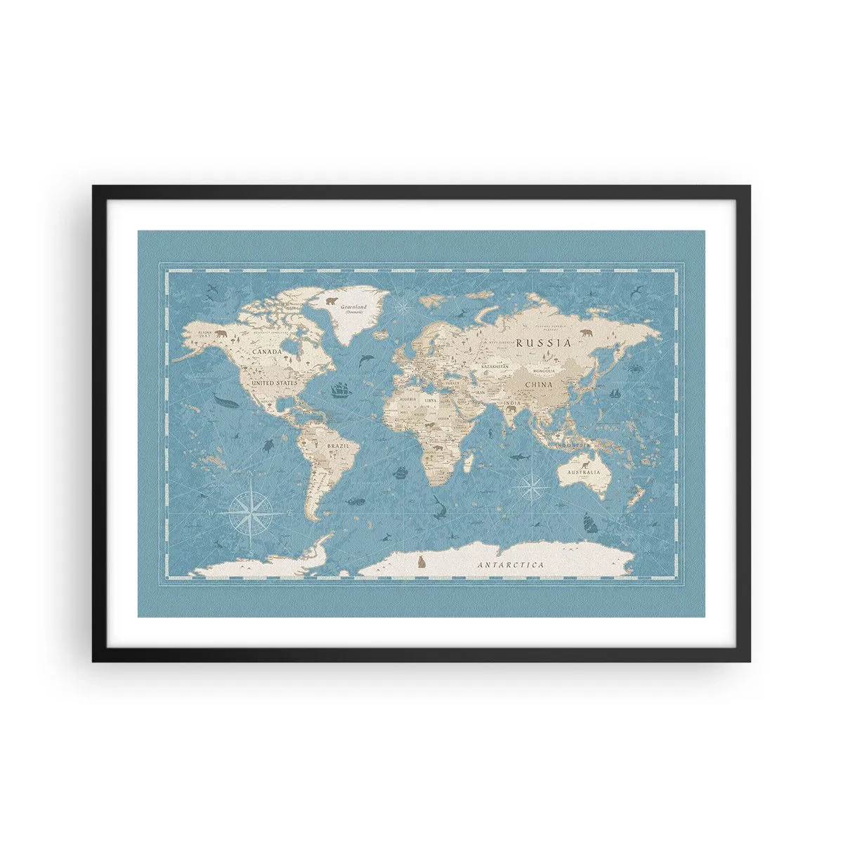 Póster en marco negro - Mapa del mundo decorativo en tonos azules y beige - 70x50cm - Un mundo al alcance de la mano - Decoración de pared moderna para salón y dormitorio ARTTOR