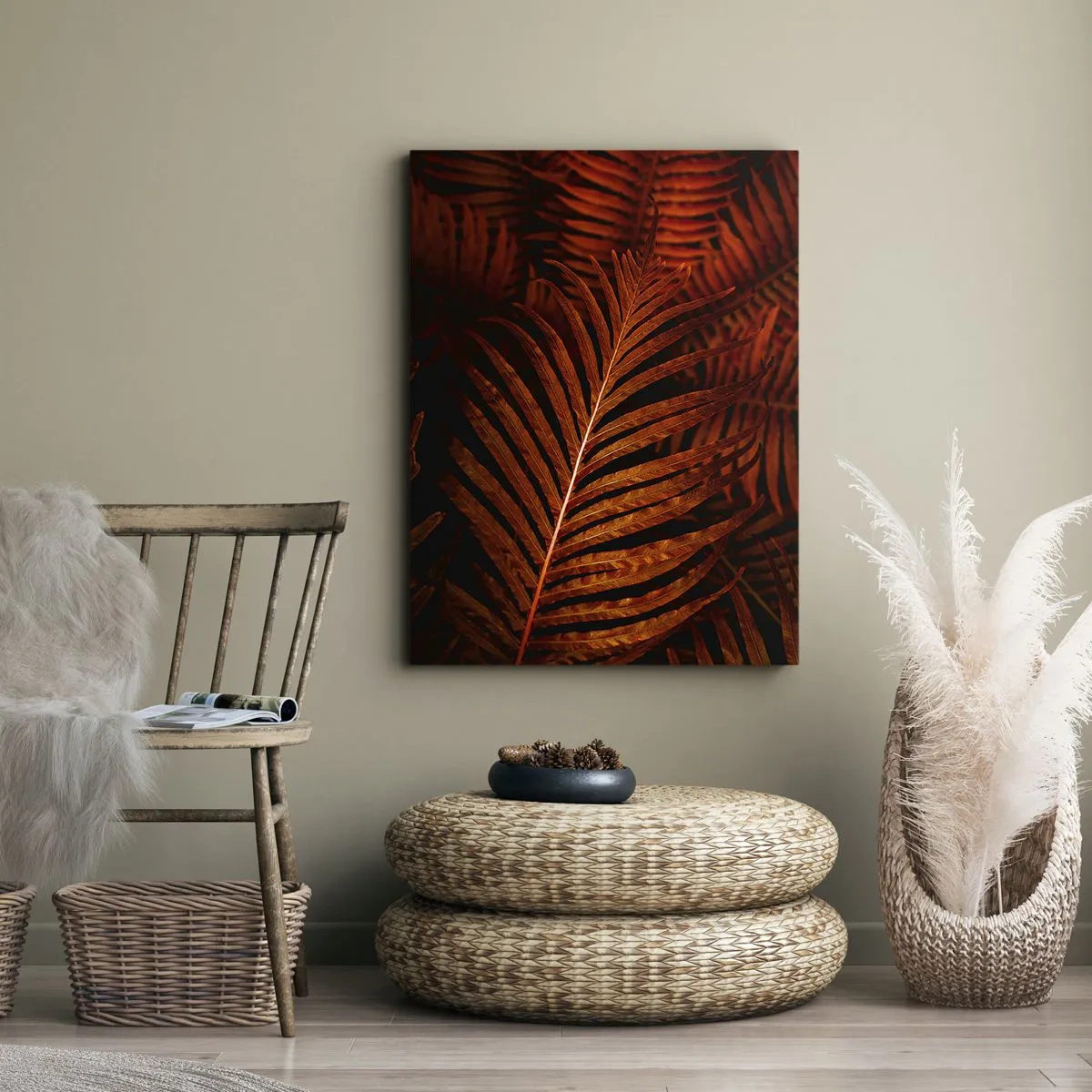 Cuadro sobre lienzo - Impresión de Imagen - Primer plano de hojas tropicales rojas - 80x120cm - Las brasas de la vida - Decoración de pared moderna para salón y dormitorio ARTTOR