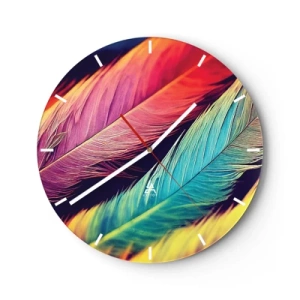 Reloj de pared - Reloj de vidrio - Plumas de colores intensos que crean un arcoíris. - 30x30cm - Arco iris plumoso - Decoración de pared moderna para salón, cocina y dormitorio ARTTOR