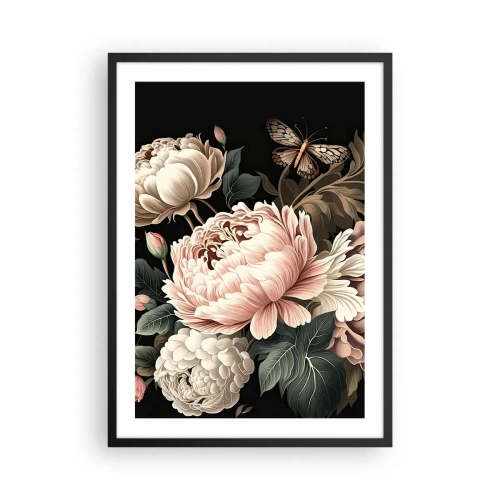 Póster en marco negro - Elegantes peonías y una mariposa sobre fondo negro. - 50x70cm - En estilo barroco - Decoración de pared moderna para salón y dormitorio ARTTOR
