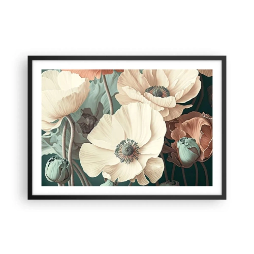 Póster en marco negro - Elegantes flores en tonos pastel sobre un fondo verde. - 70x50cm - Susurro de amapolas - Decoración de pared moderna para salón y dormitorio ARTTOR
