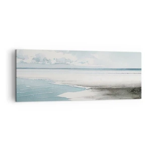 Cuadro sobre lienzo - Impresión de Imagen - Un mar tranquilo y una playa en tonos claros de azul. - 140x50cm - Suave marea otoñal - Decoración de pared moderna para salón y dormitorio ARTTOR