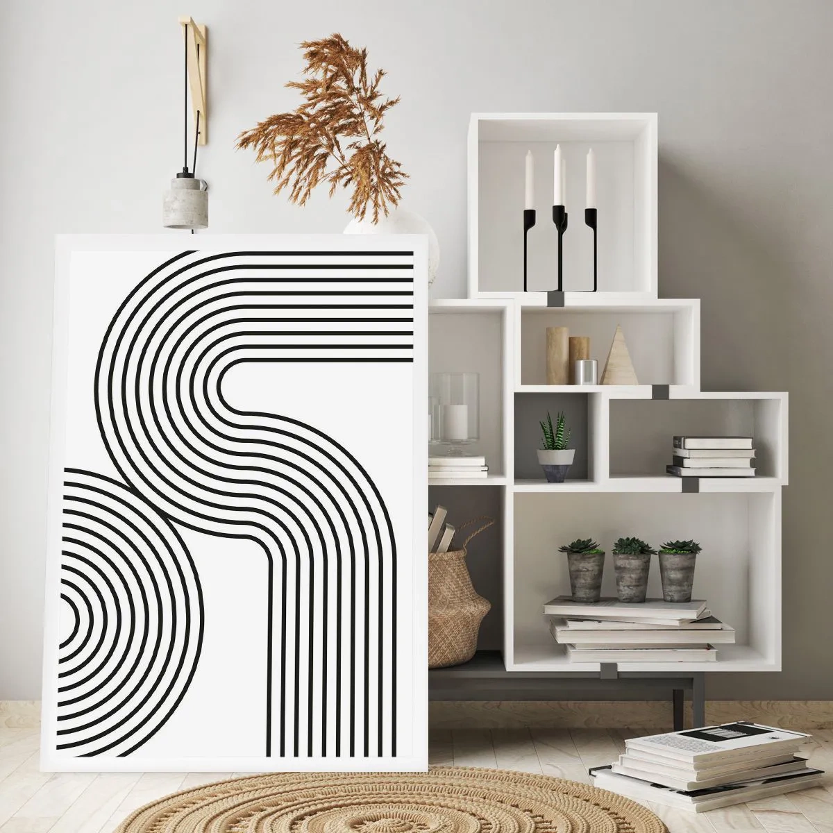 Póster - Gráficos modernos con líneas abstractas en blanco y negro. - 50x70cm - En una curva - Decoración de pared moderna para salón y dormitorio ARTTOR