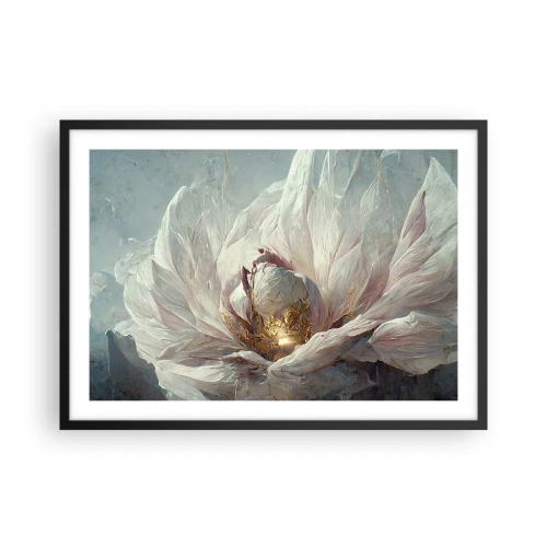 Póster en marco negro - Una delicada flor blanca con sutiles acentos dorados. - 70x50cm - Florece una vez cada cien años - Decoración de pared moderna para salón y dormitorio ARTTOR