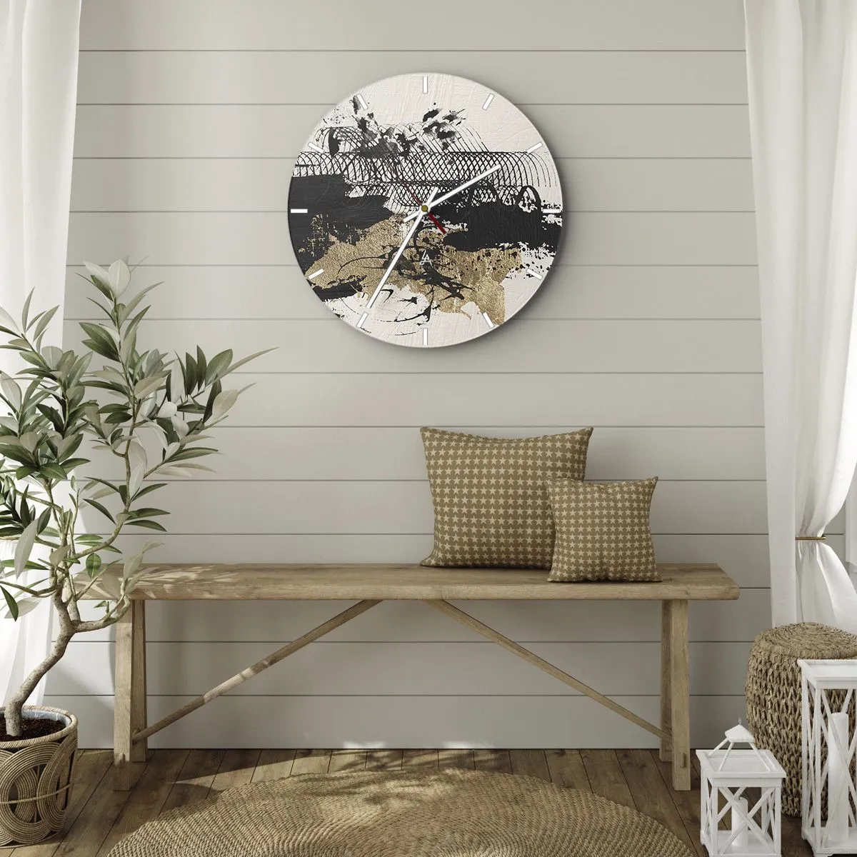Reloj de pared - Reloj de vidrio - Composición abstracta de negro, dorado y blanco. - 30x30cm - Composición con pasión - Decoración de pared moderna para salón, cocina y dormitorio ARTTOR