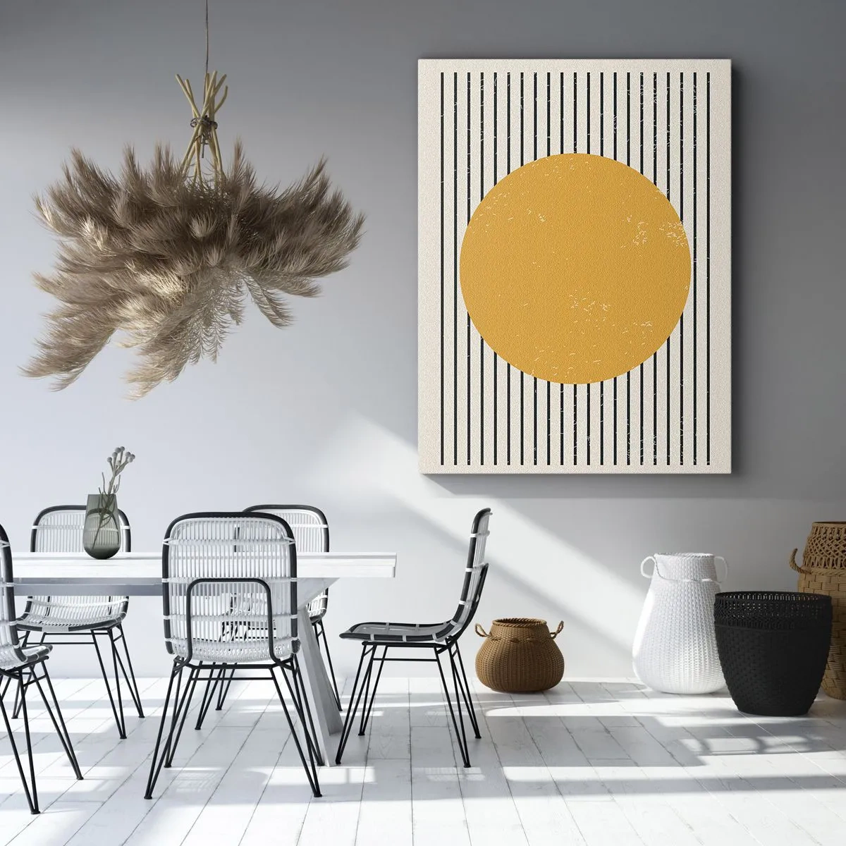 Cuadro sobre lienzo - Impresión de Imagen - Un círculo amarillo sobre un fondo de líneas horizontales blancas y negras. - 70x100cm - El poder de la sencillez - Decoración de pared moderna para salón y dormitorio ARTTOR