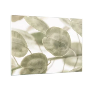 Cuadro sobre vidrio - Impresiones sobre Vidrio - Primer plano de hojas en suaves tonos pastel de verde. - 70x50cm - Al principio de los tiempos había hojas... - Decoración de pared moderna para salón y dormitorio ARTTOR