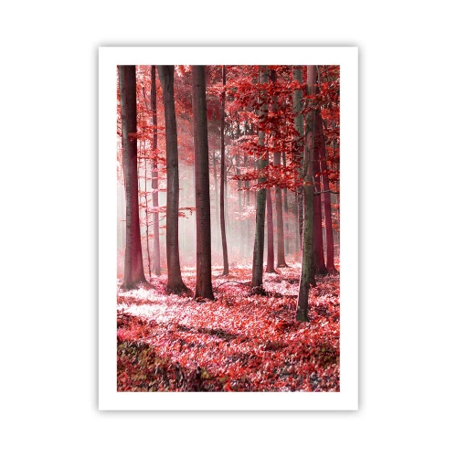 Póster - Un bosque con hojas rojas y niebla por la mañana. - 50x70cm - Rojo como el que más - Decoración de pared moderna para salón y dormitorio ARTTOR