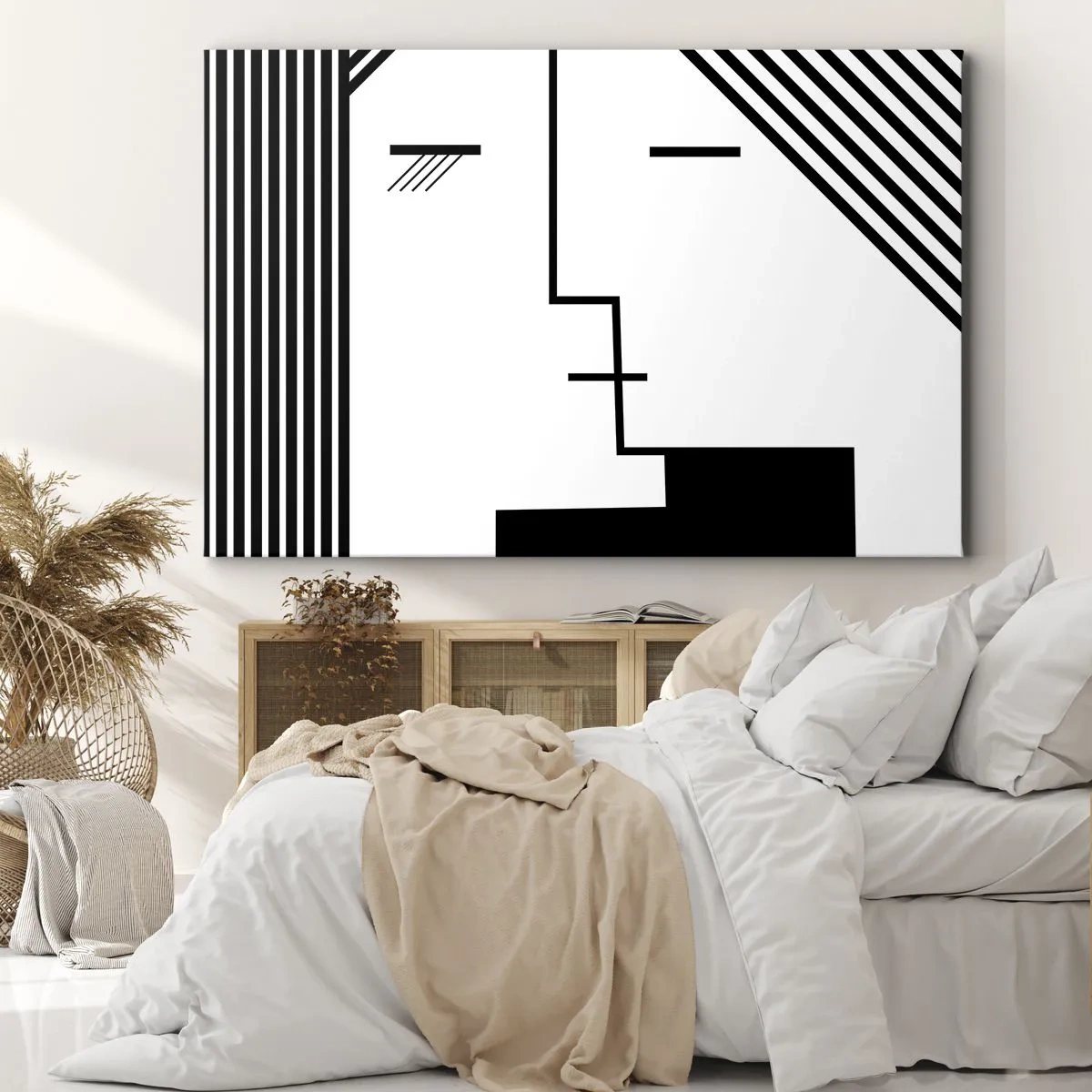 Cuadro sobre lienzo - Impresión de Imagen - Abstracción geométrica de un beso en blanco y negro. - 70x50cm - Solo un beso - Decoración de pared moderna para salón y dormitorio ARTTOR