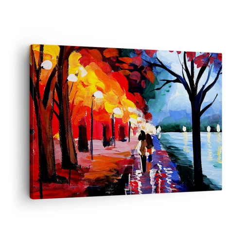 Cuadro sobre lienzo - Impresión de Imagen - Un paseo otoñal por el sendero con vistas al agua. - 70x50cm - Otoño en el parque - Decoración de pared moderna para salón y dormitorio ARTTOR