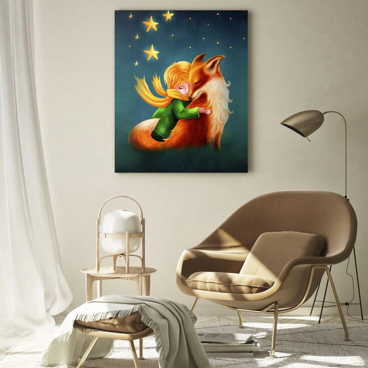 Cuadro sobre vidrio - Impresiones sobre Vidrio - El Principito abrazando a un zorro bajo un cielo estrellado - 50x70cm - El Principito - Decoración de pared moderna para salón y dormitorio ARTTOR