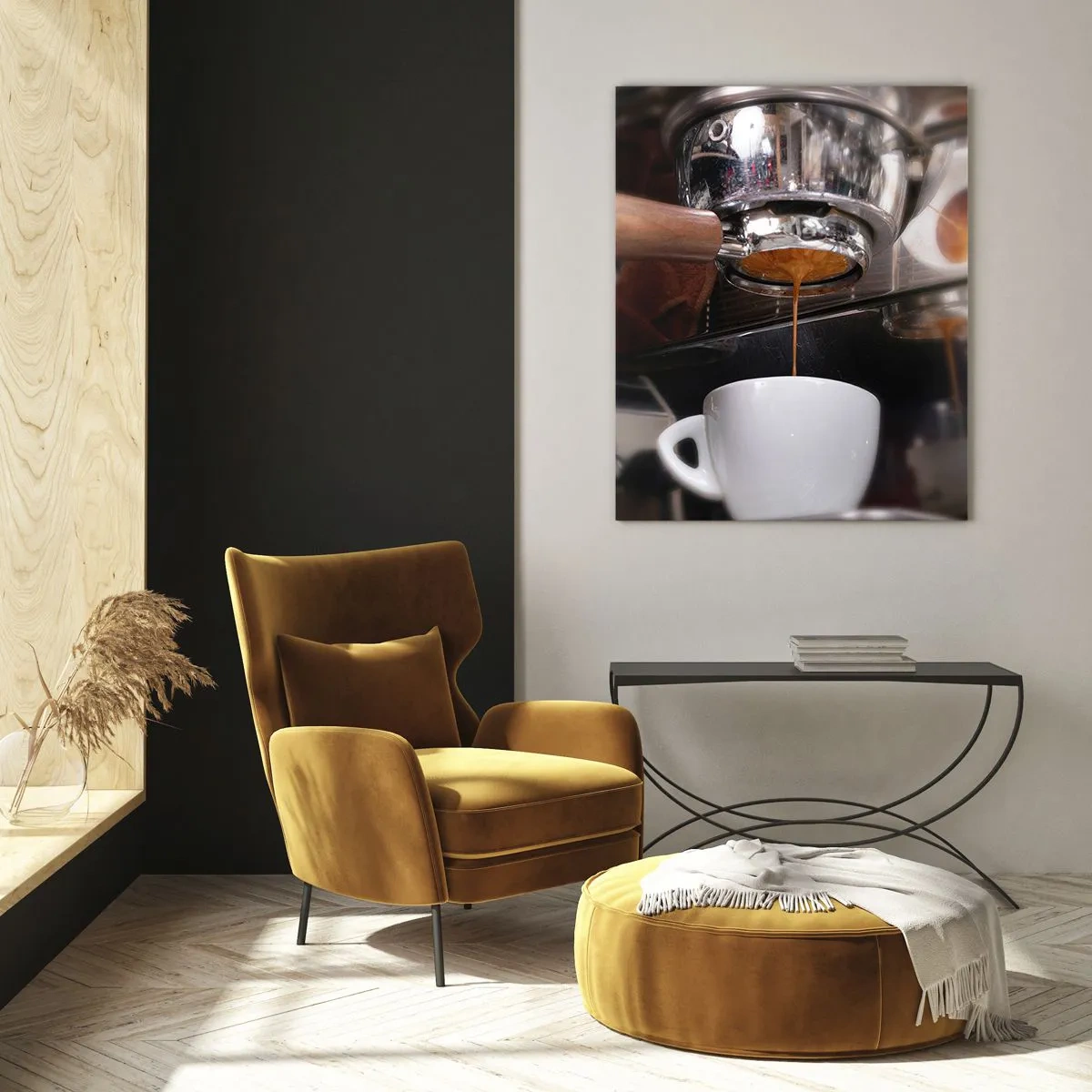 Cuadro sobre vidrio - Impresiones sobre Vidrio - Primer plano de una taza de café que se vierte desde una cafetera a presión. - 50x70cm - El mejor momento del día - Decoración de pared moderna para salón y dormitorio ARTTOR
