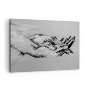 Cuadro sobre lienzo - Impresión de Imagen - Una composición en blanco y negro de dos manos entrelazadas sobre un fondo claro. - 100x70cm - El comienzo... - Decoración de pared moderna para salón y dormitorio ARTTOR
