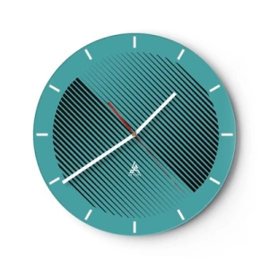 Reloj de pared - Reloj de vidrio - Fondo turquesa con líneas diagonales negras en disposición geométrica. - 30x30cm - El círculo: una variación geométrica - Decoración de pared moderna para salón, cocina y dormitorio ARTTOR