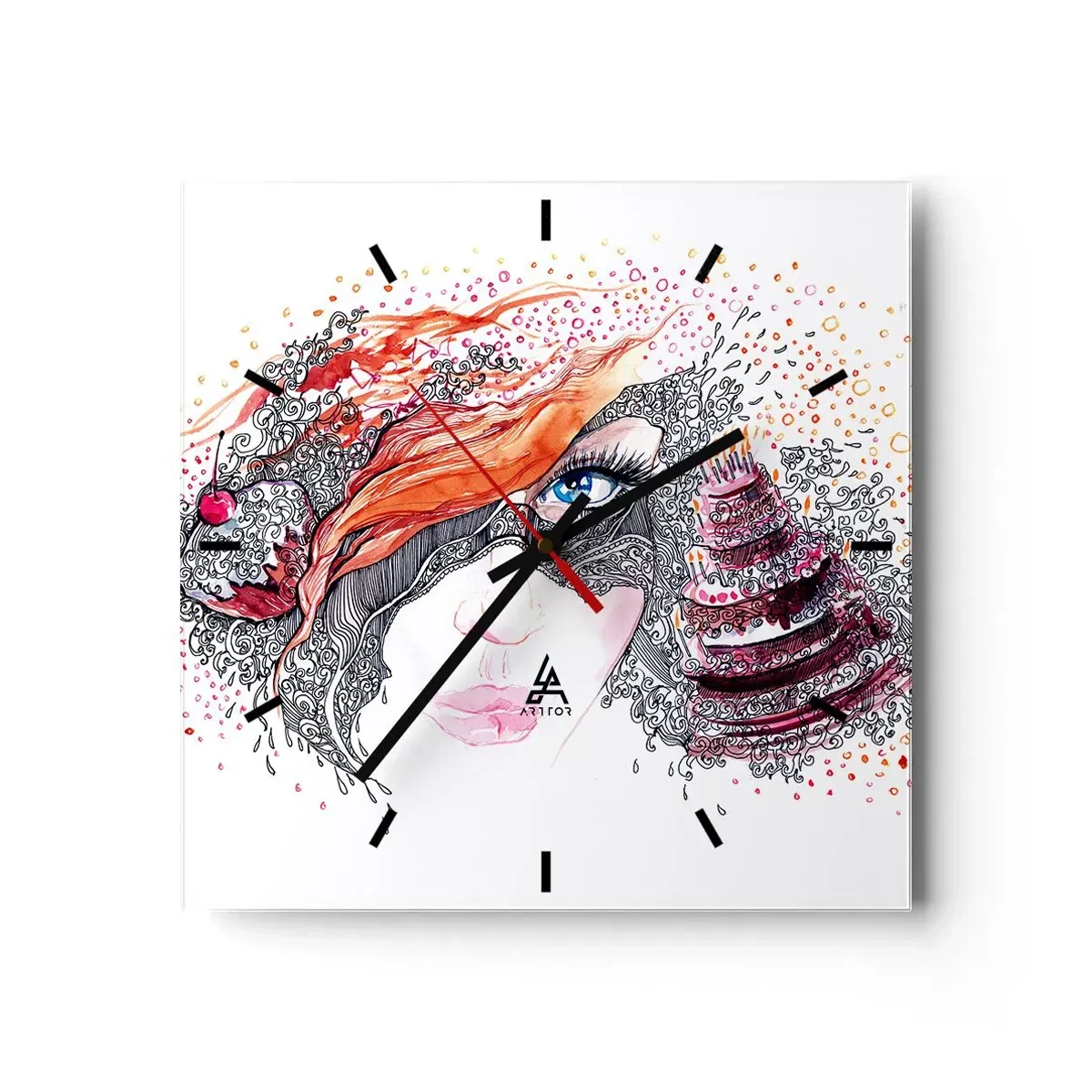 Reloj de pared - Reloj de vidrio - Retrato artístico de una mujer con detalles y acento rojo. - 30x30cm - Con ella cada día es una fiesta - Decoración de pared moderna para salón y dormitorio ARTTOR