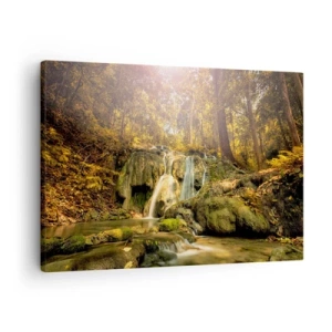 Cuadro sobre lienzo - Impresión de Imagen - Una cascada forestal bajo los rayos del sol, rodeada de vegetación. - 70x50cm - Cascada forestal en verde - Decoración de pared moderna para salón y dormitorio ARTTOR